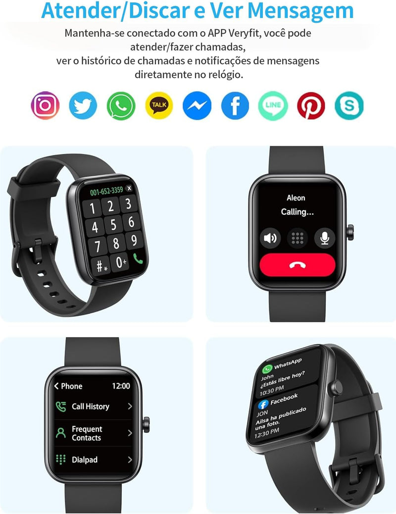Smartwatch Relógio Inteligente, Tela HD de 1,83" Relógio Fitness com Alexa, 120 Esportes, Frequência Cardíaca e Monitoramento do Sono, IP68 à rova d'água, Compatível com Android iOS, 2 Pulseiras Preto